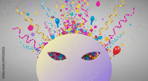 Vibrant party mask with colorful confetti and balloons on gray background symbolizing celebration and joy