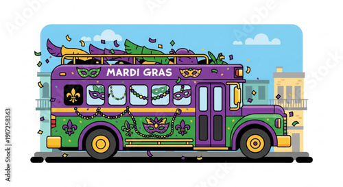 Vibrant purple and green mardi gras party bus with colorful decorations and beads driving through a festive city street