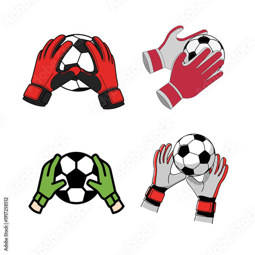 Football goalkeeper gloves catching soccer ball, ideal for sports branding, coaching graphics, and match visuals.