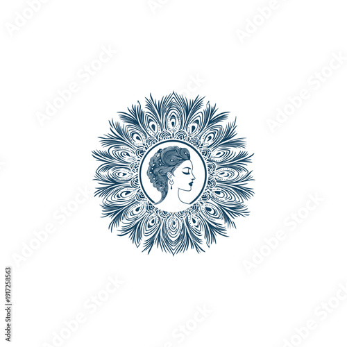 Elegant vintage engraving of a woman's profile enclosed in a circular peacock feather mandala, sophisticated feminine logo illustration isolated on a white background.