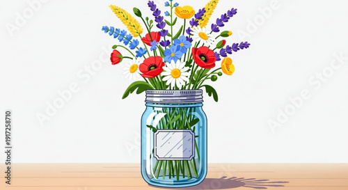 Colorful wildflowers in a glass mason jar on a wooden table with a white background