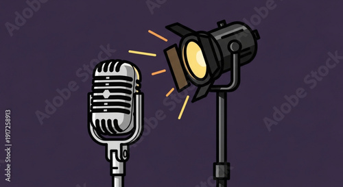Vintage microphone and spotlight on dark background for public speaking and performance concept