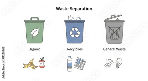 Waste separation illustration with three bins for organic recyclables and general waste showing examples of items for each category simple design white background