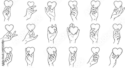 Collection of Hands Holding Hearts Vector Line Art Illustrations. Diverse Hand Gestures Presenting Love, Care, and Emotions. Minimalist Doodle Set.