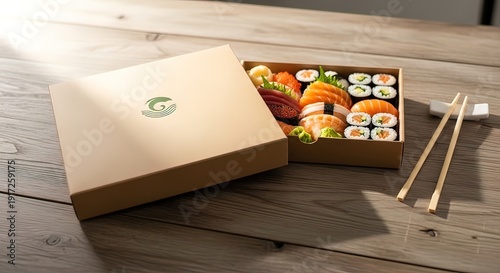 Sushi in Takeout Box with Chopsticks.