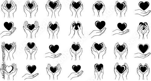 Vector Set of Hands with Hearts - Love, Care, Support, Giving, Protection, Health, Charity, and Donation Icons