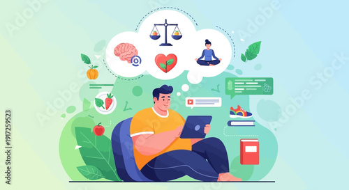 Healthy Lifestyle Balance Icons Representing Wellness and Digital Learning Concept