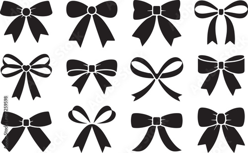 Twelve black and white bows in different styles ribbons