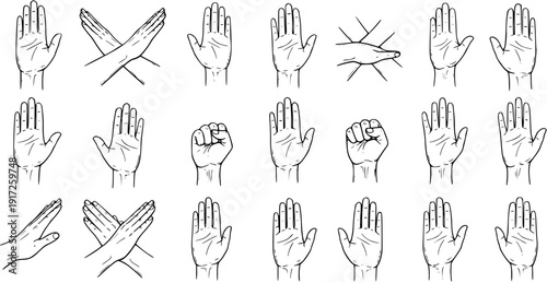 Line art illustration set of human hand gestures and positions, including open palms, fists, and crossed arms, depicting communication, rejection, and welcome symbols.