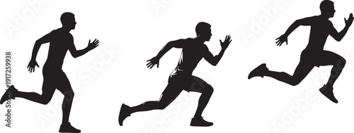 Silhouette of Male Sprinter in Motion: Three Stages of Running and Athletic Performance Sequence on White Background