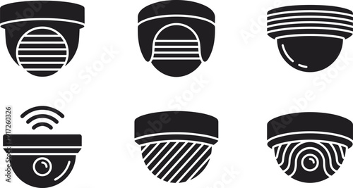 Minimal black dome security camera icon set showing CCTV surveillance, wireless monitoring, modern safety systems, indoor outdoor protection symbols isolated on white background
