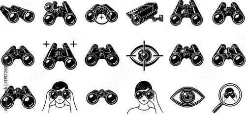 Black and white set of observation and surveillance icons, featuring various binoculars, a security camera, target eye, and a person looking through binoculars.