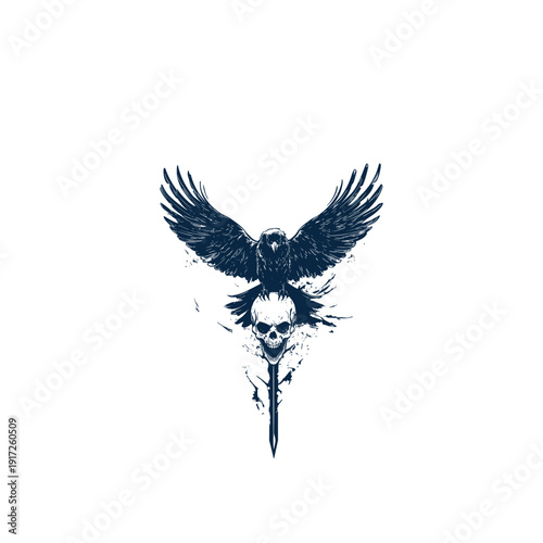 Gothic style hand-drawn engraving of a black raven perched on a curved scythe blade with a human skull, dark occult concept on black background.