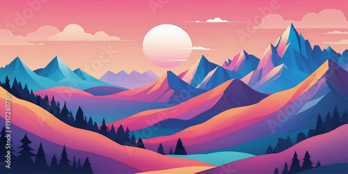 Beautiful mountain landscape with colorful sunset and sunrise sky over misty valley and snowy peaks