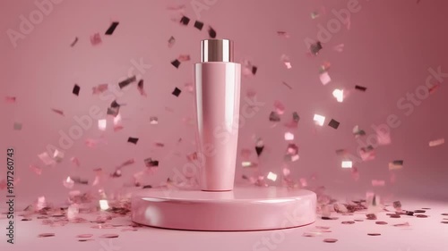 3D slow-motion animation of a cosmetics product mockup standing on a glossy pastel pink podi