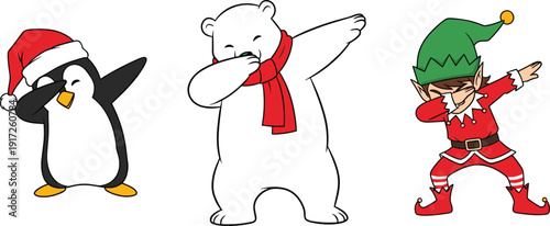 Cartoon Christmas characters illustration with penguin, polar bear, and elf performing dab dance pose, festive holiday humor, and playful celebration