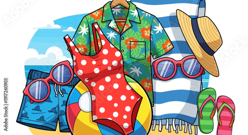 Summer Vacation Essentials - Beachwear and Accessories Illustration.