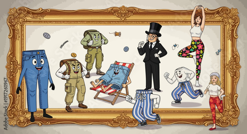 Cartoon Pants Characters in Ornate Frame - A Whimsical Collection.