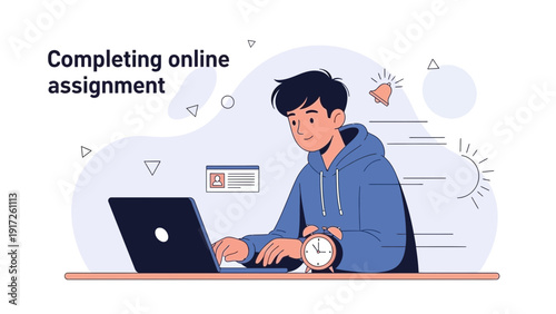 Student completing online assignment on laptop with alarm clock