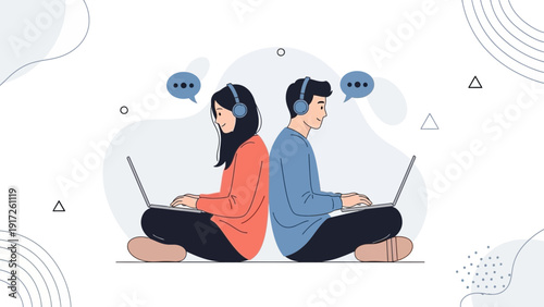 Couple Communicating Online with Laptops and Headphones, Connection Concept