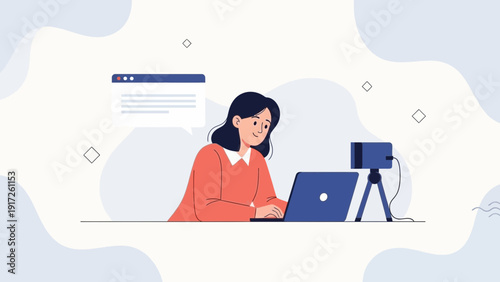 Woman working on laptop with camera for streaming or online meeting