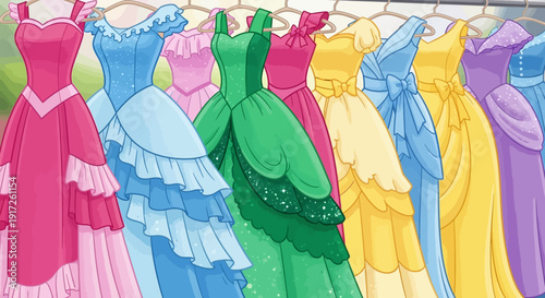 Colorful Array of Princess Dresses on Hangers.