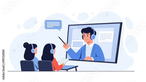 Online Education: Students Attend Virtual Class with Teacher on Screen