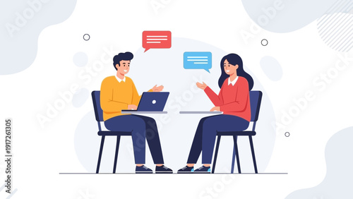 Two people talking with speech bubbles and laptop, communication concept