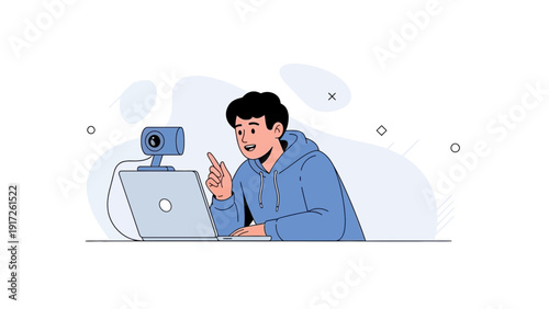 Young man with webcam on laptop, online communication, streaming, video call