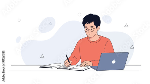 Young man studying with laptop and notebook, online education, remote learning concept