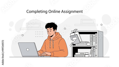 Student Completing Online Assignment on Laptop, Studying at Home