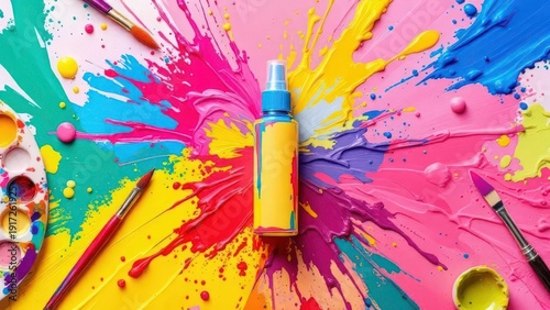 Vibrant art supplies with paint splatters