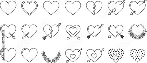 Heart Icons Collection with Arrows and Wreaths Love Symbols Isolated on white background
