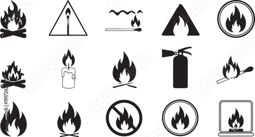 Fire Safety Icons Collection: Flames Matches Extinguisher and Warning Symbols Isolated on White Background
