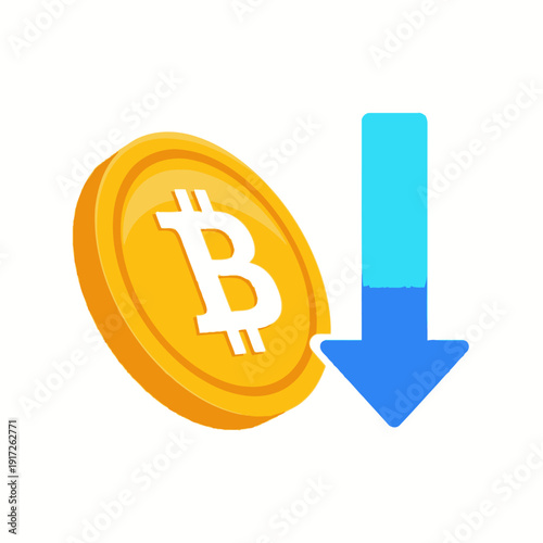 An illustration of a Bitcoin coin with a downward arrow indicates a decrease in cryptocurrency value on a white background.