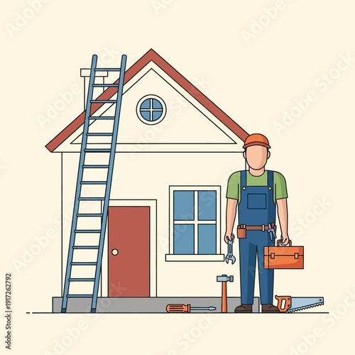 Handyman repairing house with tools and ladder.