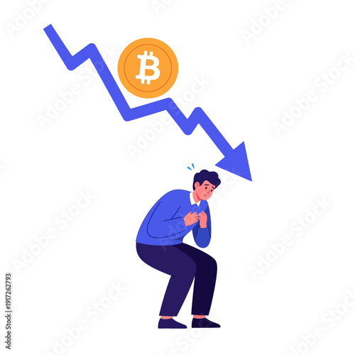A worried man crouches under a falling Bitcoin symbol and declining graph line.