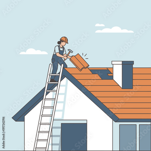 Roofer repairing orange roof with hammer and ladder.