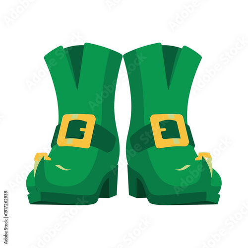 A pair of green boots with golden buckles, illustration, front view, isolated on white background.