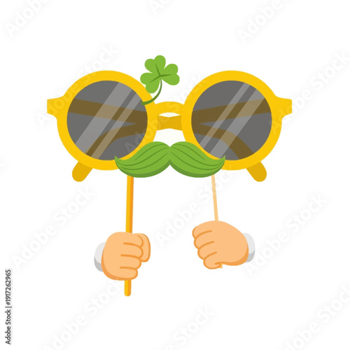 A playful illustration of hands holding props with sunglasses, a mustache, and a shamrock on a white background for St. Patrick's Day.
