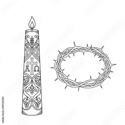 Paschal Candle with Alpha Omega Symbol and Crown of Thorns, Christian Holy Week Resurrection Concept, Good Friday Religious Line Art Illustration