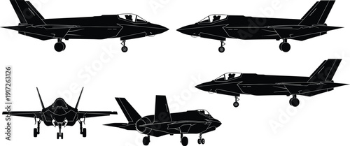 Detailed Silhouette Illustration of a Modern Fifth Generation Stealth Fighter Jet from Multiple Angles Including Front Side and Isometric Views for Military Aviation Graphics