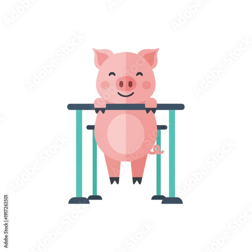 A cheerful pig stands on parallel bars in a colorful illustration.