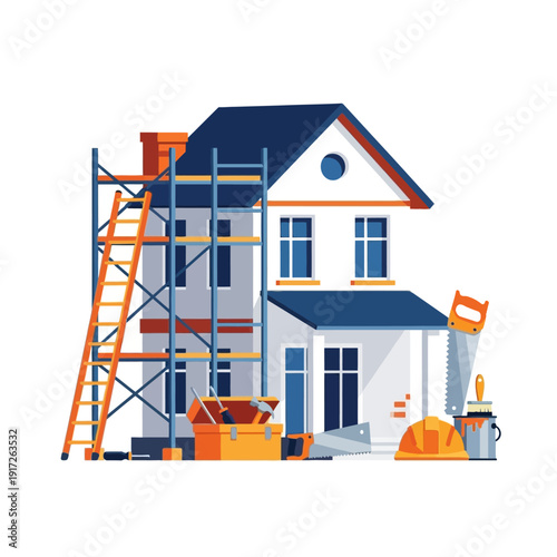 House renovation construction site with scaffolding and tools.