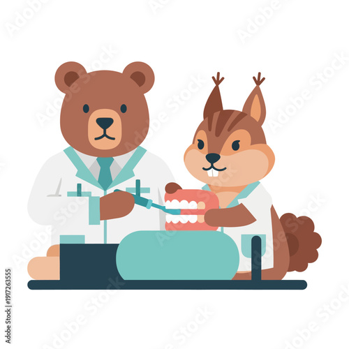 Veterinary dentist bear examining squirrel's teeth in a clinical setting illustration