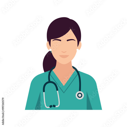 A female doctor wearing teal scrubs and a stethoscope smiles softly in a medical setting.
