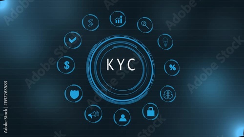 KYC acronym in center of hexagonal diagram with business icons and dot Keywords: KYC, acronym, business, technology, diagram, hexagonal, icons, abstract circles and gears backgrounds 4K LOOP