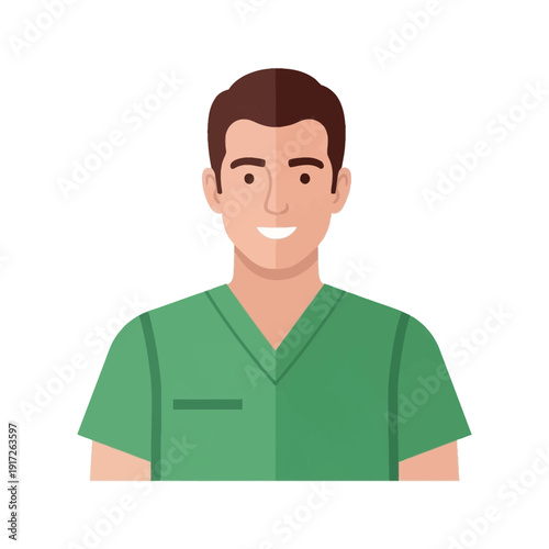 A smiling male doctor in green scrubs standing alone indoors in a hospital.