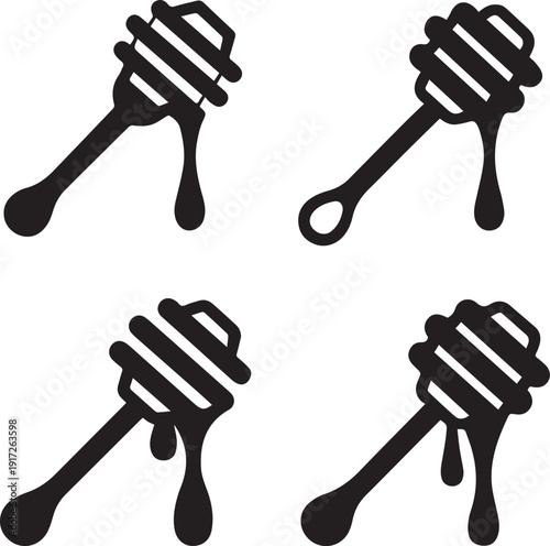 Honey Dipper Stick Silhouette Vector Icon, Honey Dipper Stick Vector Set