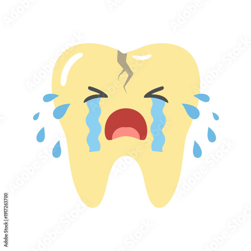 A sad tooth with a crack cries tears of pain on a white background.
